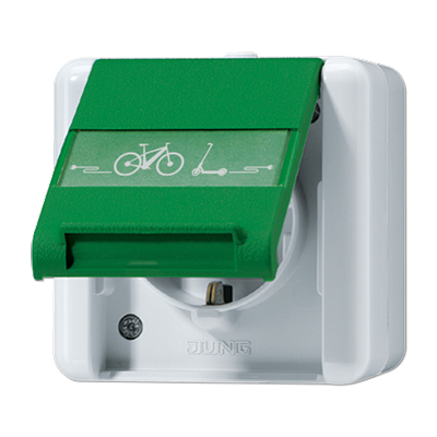 Розетка SCHUKO накладного монтажу з кришкою під ключ і символом зарядки E-BIKE