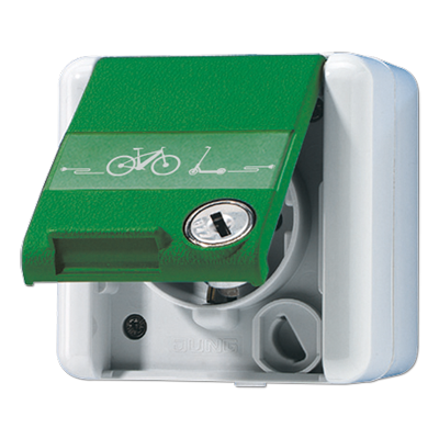 Розетка SCHUKO накладного монтажу з кришкою під ключ і символом зарядки E-BIKE